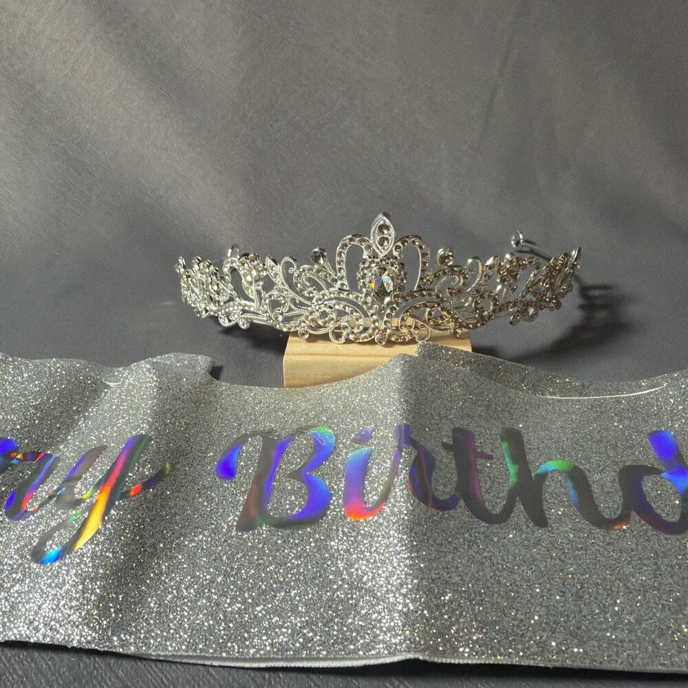 glittery silver birthday sash and rhinestone tiara party celebration set -S